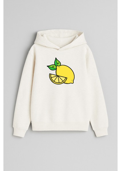 Limon Lemon Baskılı Ekru Kız Erkek Çocuk Kapüşonlu Sweatshirt