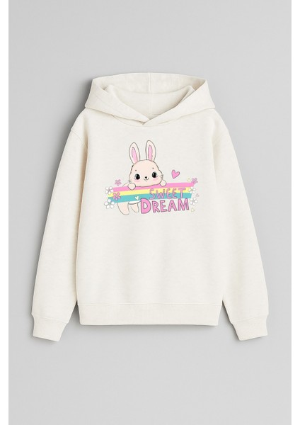 Sevimli Tavşan Baskılı Ekru Kız Erkek Çocuk Kapüşonlu Sweatshirt