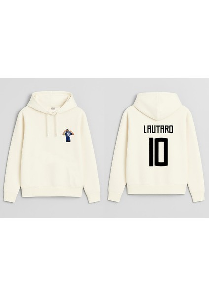 Futbolcu Lautaro Martínez Baskılı Erkek Çocuk Ekru Kapüşonlu Sweatshirt Hoodie