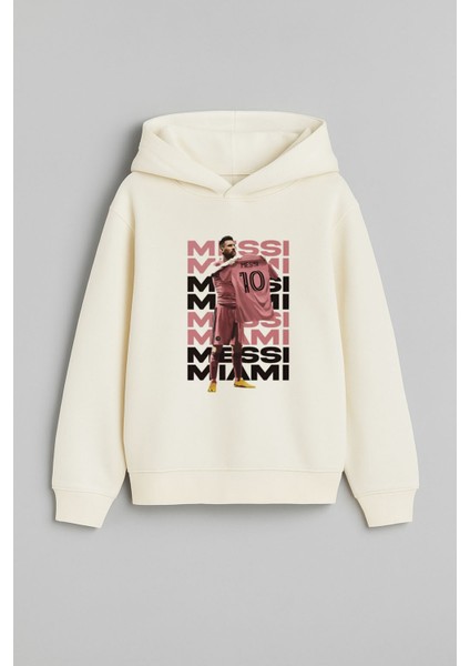 Futbolcu Lionel Messi Baskılı Erkek Çocuk Ekru Kapüşonlu Sweatshirt Hoodie