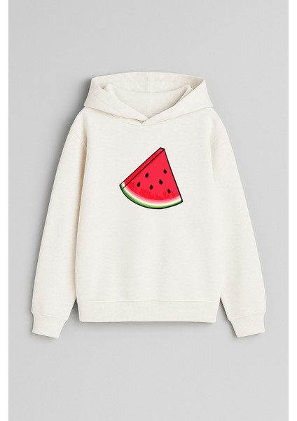 Karpuz Baskılı Ekru Kız Erkek Çocuk Kapüşonlu Sweatshirt