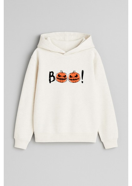 Cadılar Bayramı Halloween Baskılı Ekru Kız Erkek Çocuk Kapüşonlu Sweatshirt
