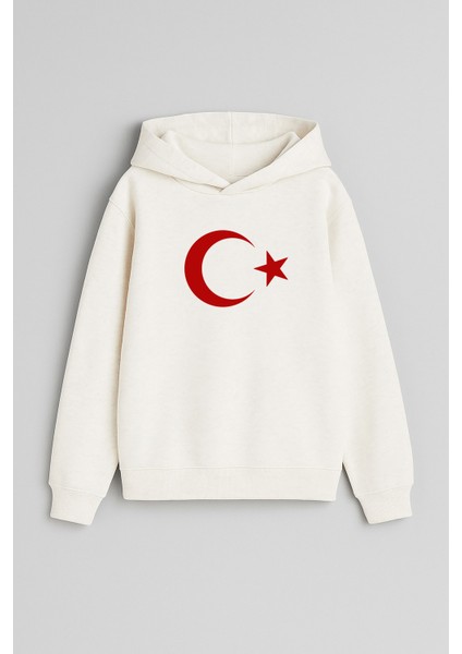 Türk Bayrağı Baskılı Ekru Kız Erkek Çocuk Kapüşonlu Sweatshirt