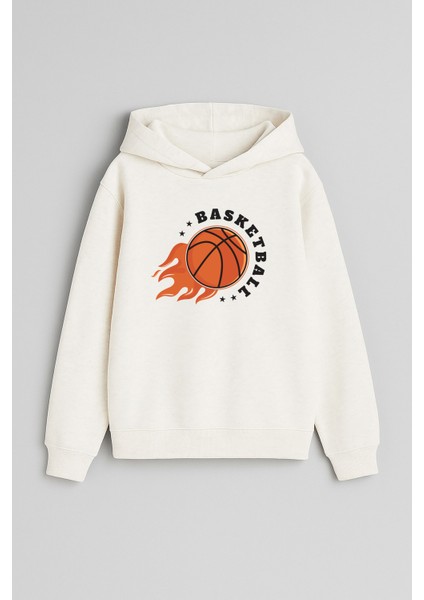 Basketbol Topu Baskılı Ekru Kız Erkek Çocuk Kapüşonlu Sweatshirt