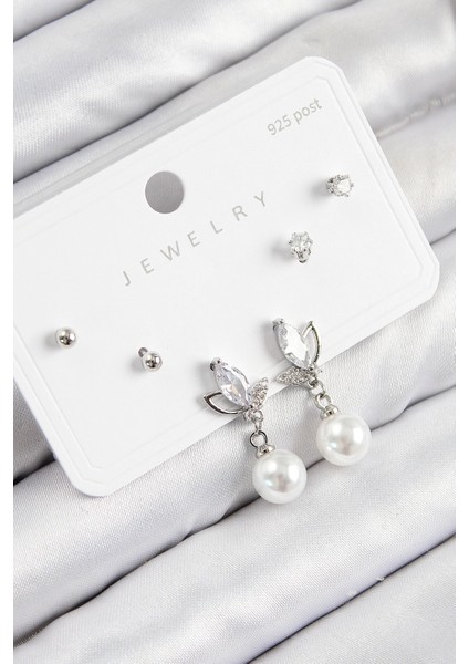 Bfs Pirinç Zirkon Taşlı Inci Sallantılı Damla Model Gümüş Renk 925 Ayar Gümüş Çivi Kadın Küpe Set