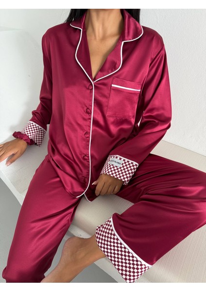 Bordo Saten Uzun Pijama Takımı