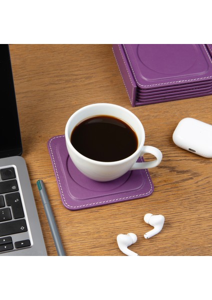 Bardak Altlığı,6’lı Set,masaüstü Yuvarlak Cup Coaster,vegan Suni DERI,11X11 Cm.,lila