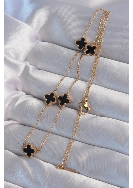 Bfs 316L Çelik Gold Renk Minimal Siyah Mineli Yonca Kolye fiyatları