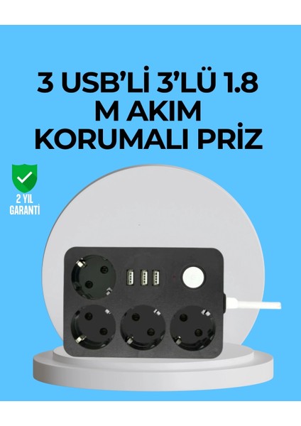 3 USB Çıkışlı 4’lü Akıllı Priz 2500W 2 Metre Kablo
