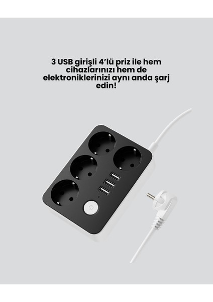 3 USB Çıkışlı 4’lü Akıllı Priz 2500W 2 Metre Kablo fiyatları
