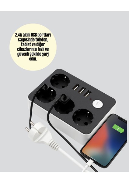 3 USB Çıkışlı 4’lü Akıllı Priz 2500W 2 Metre Kablo modelleri