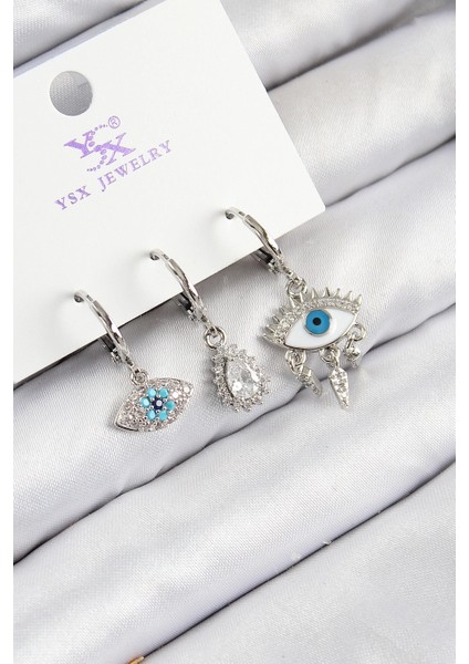 Bfs Pirinç Zirkon Taşlı 3'lü Fatma'nın Gözü Model Gümüş Renk Kadın Küpe