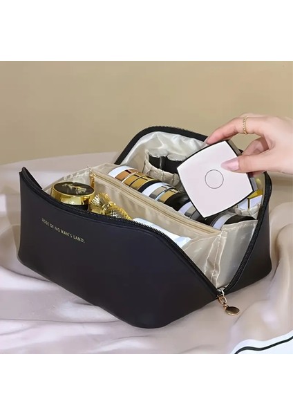 Su Geçirmez Siyah Deri Çok Gözlü Büyük Boy Makyaj Çantası, Seyahat Çantası