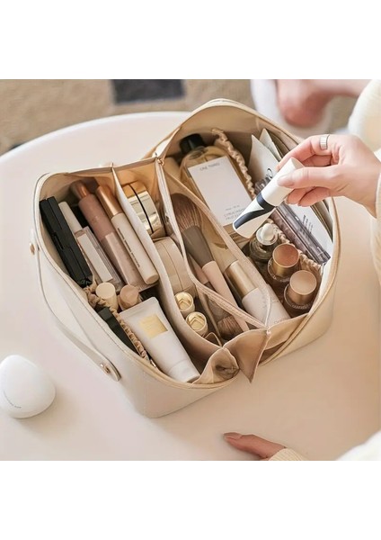 Su Geçirmez Siyah Deri Çok Gözlü Büyük Boy Makyaj Çantası, Seyahat Çantası