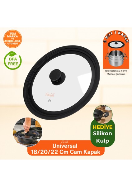 Universal 18/20/22 cm Uyumlu Silikon Kenarlı Tencere&tava Cam Kapağı Silikon Kulp Hediye