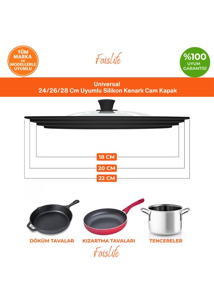 Universal 18/20/22 cm Uyumlu Silikon Kenarlı Tencere&tava Cam Kapağı Silikon Kulp Hediye indirimleri