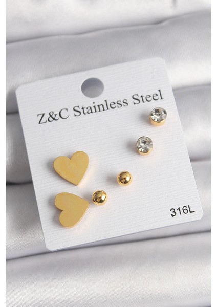 Bfs 316L Çelik Gold Renk Zirkon Taşlı Kalpli Kadın Küpe Seti