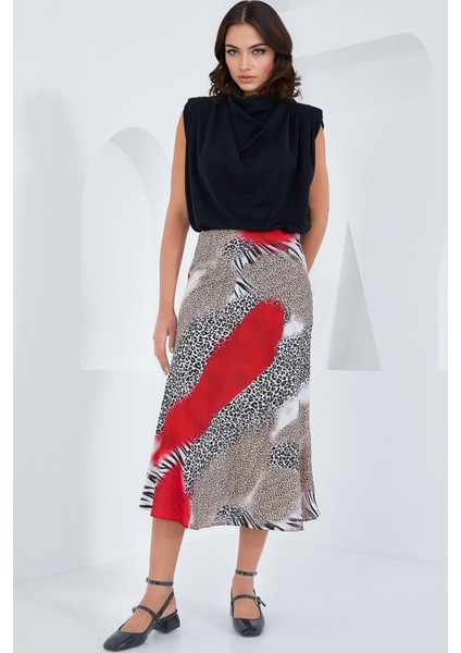 Kadın BDART Elastik A-Form Kesim Midi Etek Red