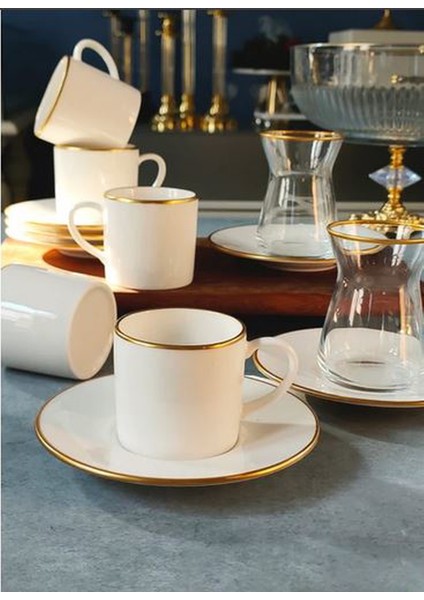 Fine Living Sena Yaldızlı 18 Parça Gold Çay-Kahve Bardağı Seti, Türk Kahve Fincan Takımı Çay Takımı