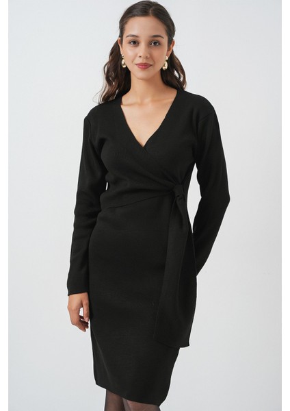 Kadın BDART V Yaka Bağcıklı Dar Midi Elbise Black