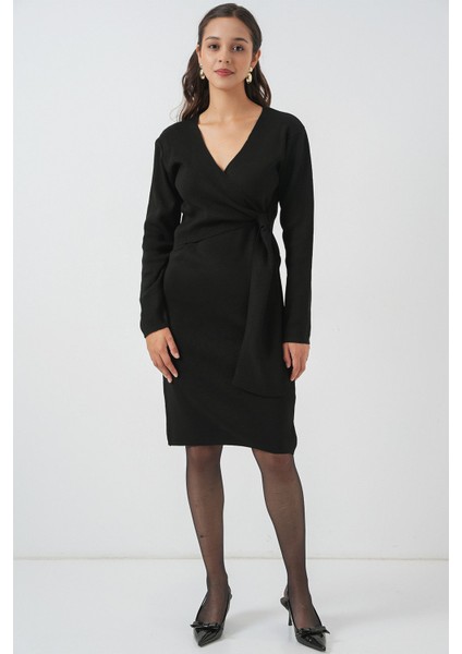 Kadın BDART V Yaka Bağcıklı Dar Midi Elbise Black fiyatları