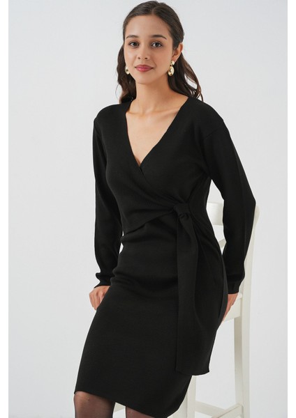 Kadın BDART V Yaka Bağcıklı Dar Midi Elbise Black indirimleri