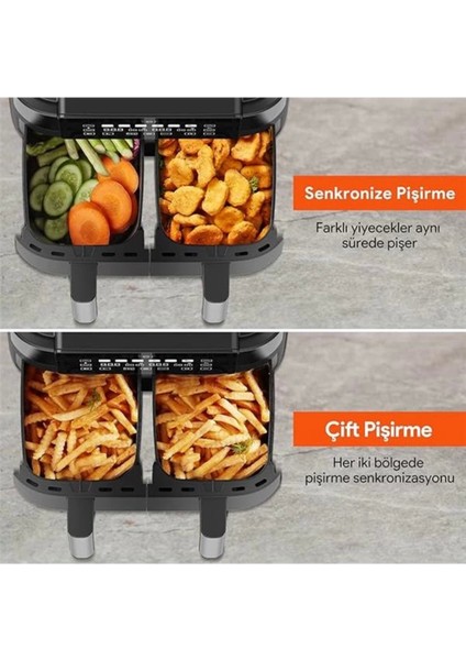 Çift Bölmeli Airfryer, 8 Litre, 2850 W, Siyah, Çok Renkli, Sağlıklı ve Pratik Kullanım indirimleri