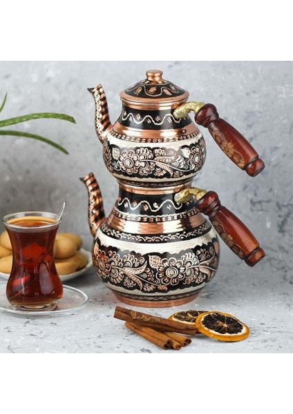 El Yapımı Bakır Türk Çaydanlığı Seti: