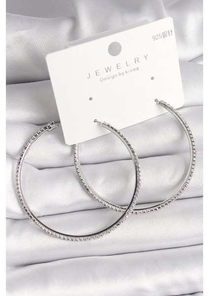 Bfs Pirinç Gümüş Renk Zirkon Taşlı Halka Model Kadın Küpe