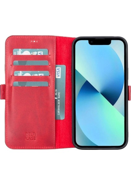 Apple iPhone 13 Pro Max Uyumlu Deri Cüzdanlı Kılıf Nar Çiçeği