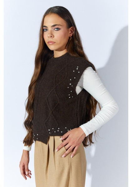 Kadın Kahve Bisiklet Yaka Desenli Triko Süveter