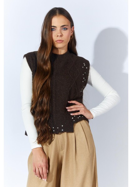 Kadın Kahve Bisiklet Yaka Desenli Triko Süveter fiyatları