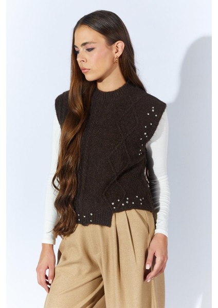 Kadın Kahve Bisiklet Yaka Desenli Triko Süveter modelleri