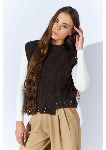 Kadın Kahve Bisiklet Yaka Desenli Triko Süveter fırsatları