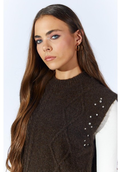 Kadın Kahve Bisiklet Yaka Desenli Triko Süveter indirimleri