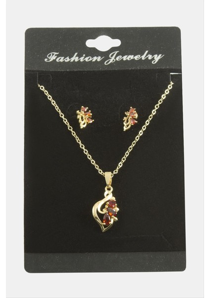 Msa-Shop Çiçek Zirkon Taşlı Set Kolye-Kırmızı