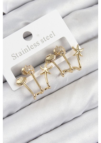 Bfs Pirinç Zirkon Taşlı Deniz Yıldızı ve Istiridye Model Gold Renk Kadın Küpe