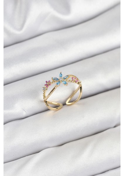 Bfs Pirinç Gold Renk Zirkon Taşlı Mavi Çiçekli Kadın Yüzük