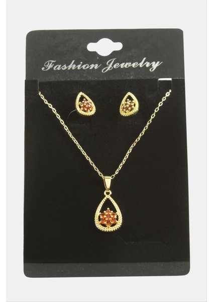Msa-Shop Oval Kartanesi Zirkon Taşlı Set Kolye-Kırmızı fiyatları