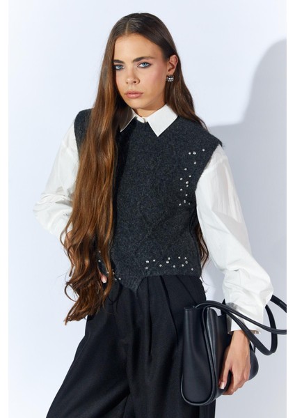 Kadın Antrasit Bisiklet Yaka Desenli Triko Süveter