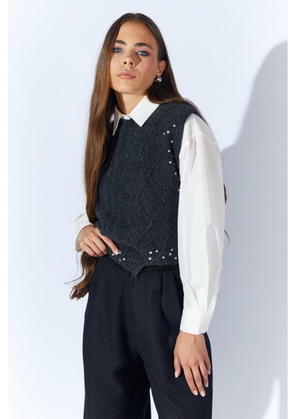 Kadın Antrasit Bisiklet Yaka Desenli Triko Süveter modelleri