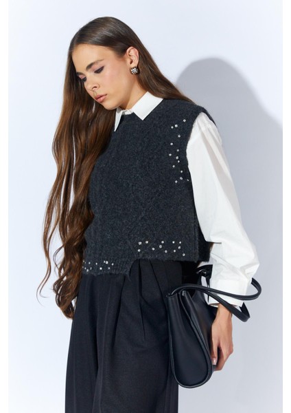 Kadın Antrasit Bisiklet Yaka Desenli Triko Süveter fırsatları