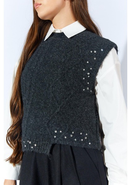 Kadın Antrasit Bisiklet Yaka Desenli Triko Süveter indirimleri