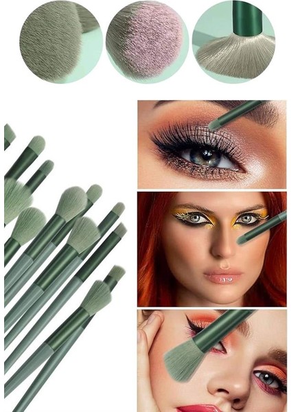 Sepetim Makyaj Fırça Seti Yeşil 13 Parça Fondöten Fırçası Allık Fırçası Far Fırçası