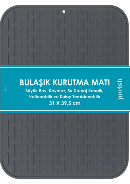 | Bulaşık Kurutma Matı –tpe – Büyük Boy - 31X39,5 Cm, Kaymaz, Su Drenaj Kanallı, Katlanabilir ve Kolay Temizlenebilir – Mutfak Tezgâhı Için Bardak & Tabak Kurutma Pedi (Antrasit Gri)