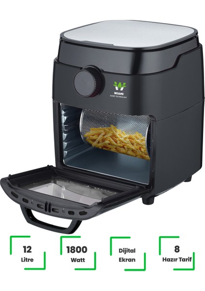 12L Siyah Hava Fritözü Akıllı Pişirme Cihazı, Sağlıklı ve Pratik Kullanım