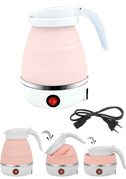Pembe Katlanabilir Elektrikli Su Isıtıcı 600ML Seyahat ve Piknik Için