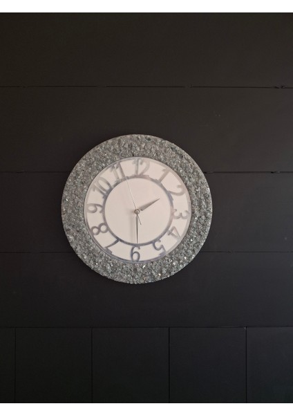Duvarsaati -35CM- Modern Dekoratif Duvar Saati - El Yapımı Gümüş Taş Detaylı - Epoksi Duvar Saati