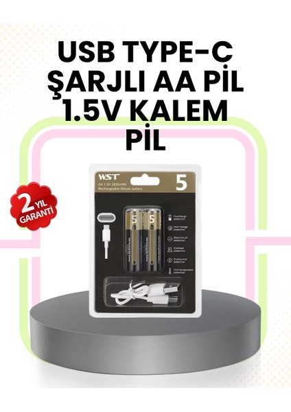 Tekrar Şarj Edilebilir Aa USB Type-C Pil | 1000+ Döngü | 1.5V Sabit Voltaj