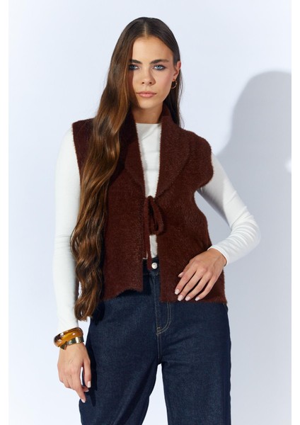 Kadın Kahve 8952 Gömlek Yaka Önü Bağlamali Sakal Yelek